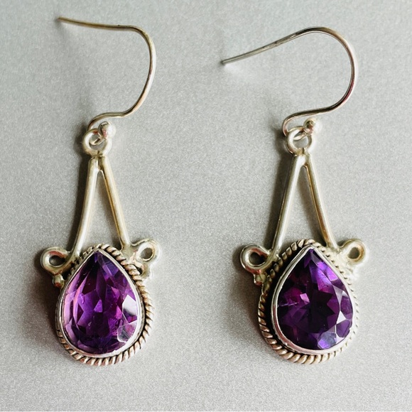 Jewelry - Lab Amethyst Hook Dangle Boho Earrings in Sterling Silver